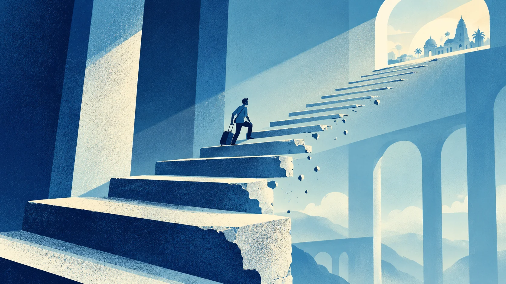 A traveler climbs an eroding staircase toward a distant sunlit doorway.
