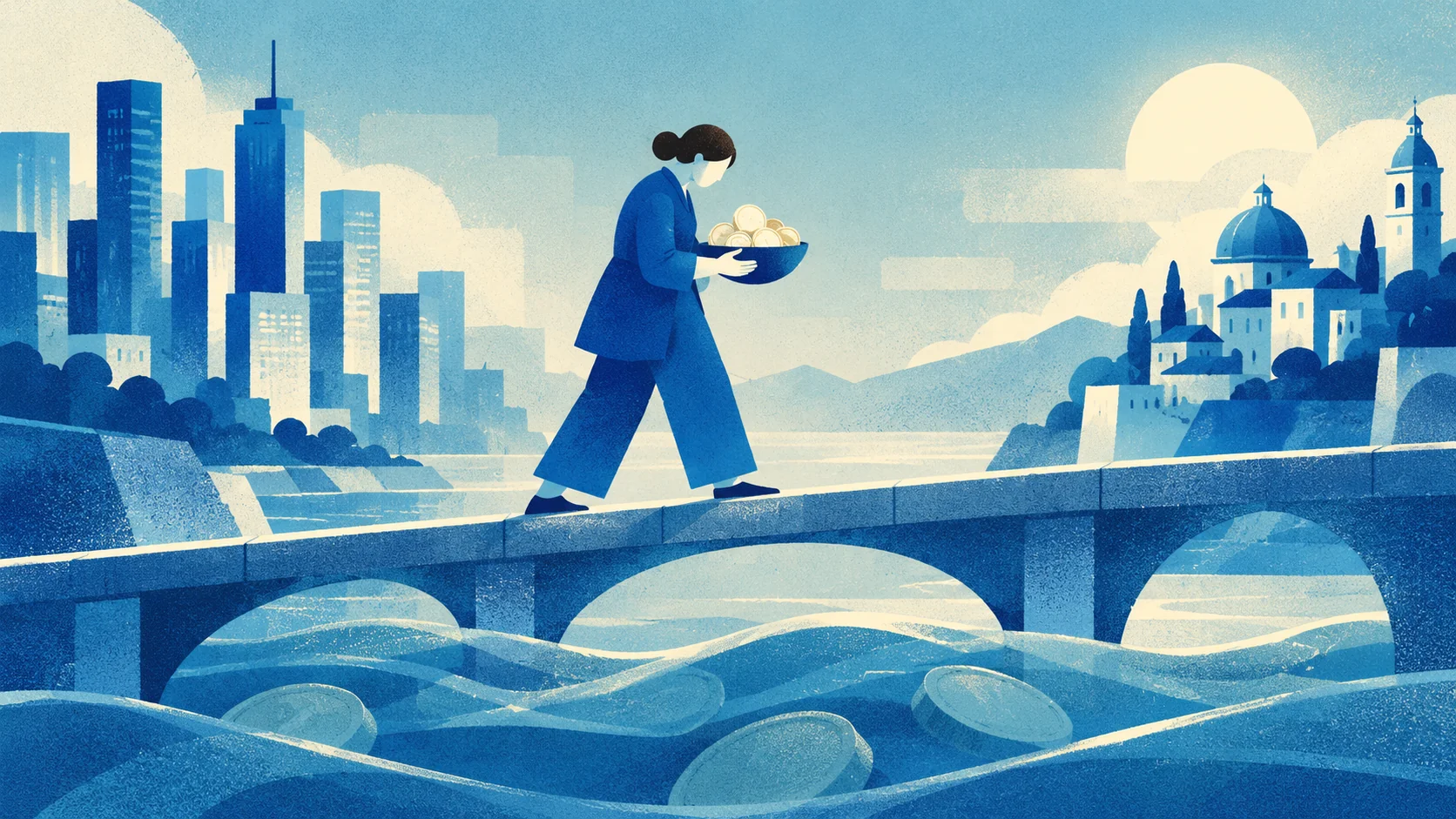 A woman carries savings across a tilted bridge between two cities.