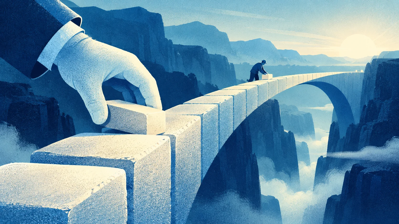A stone bridge grows across a canyon one carefully placed block at a time.