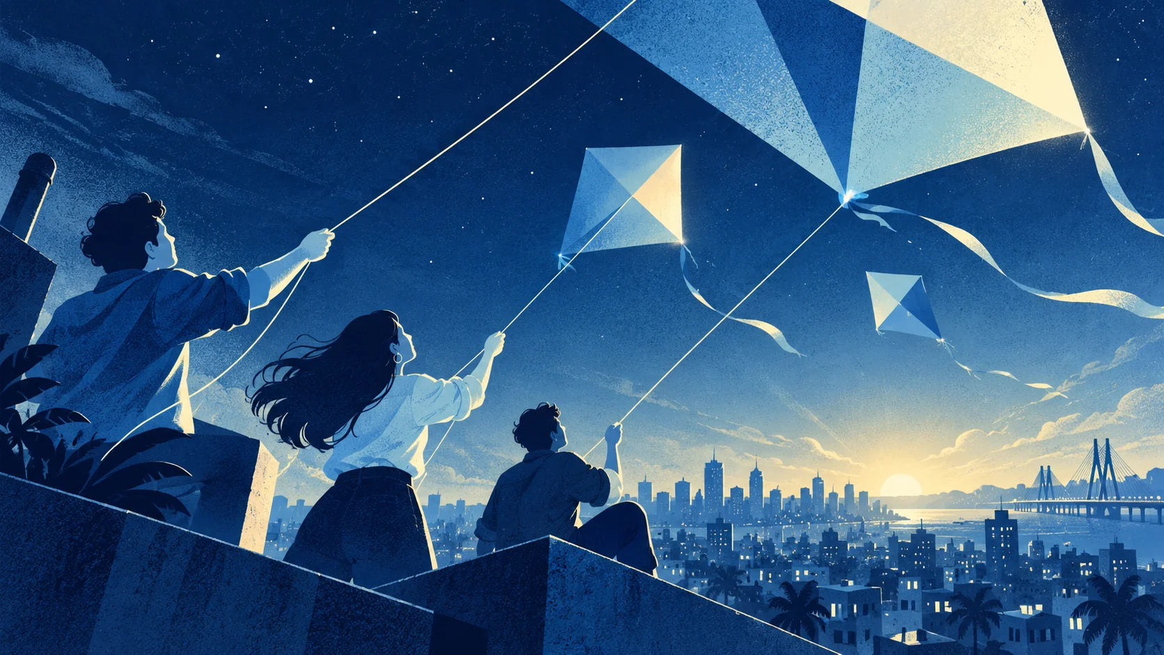 Young adults fly luminous kites above a blue city at dawn.