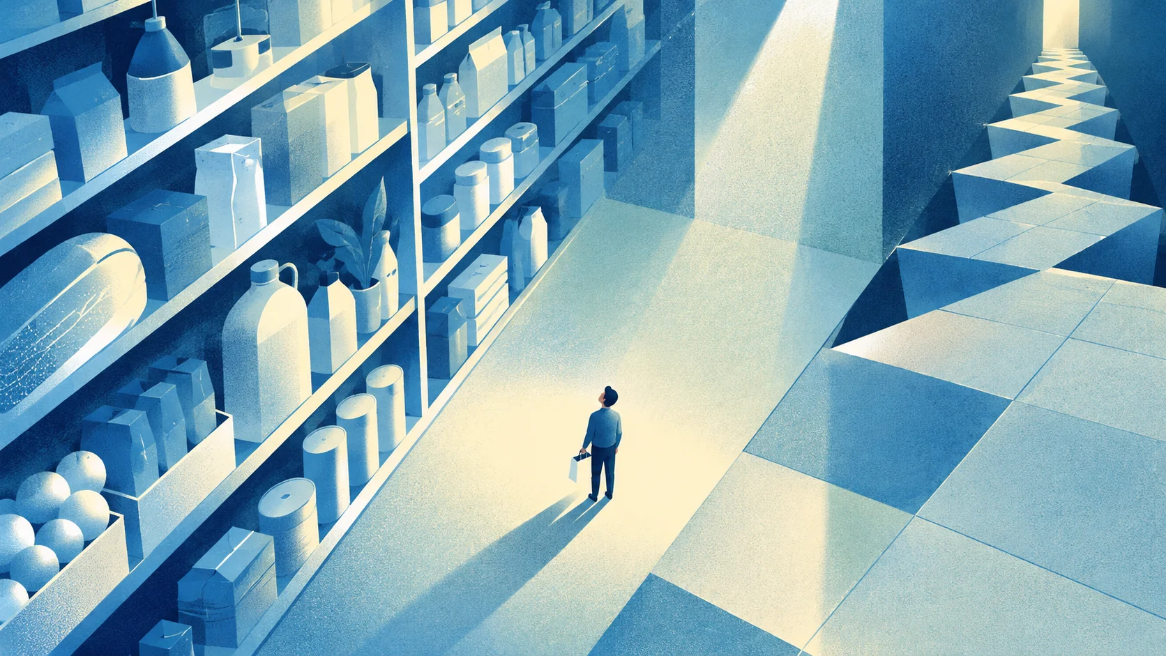 A shopper stands between towering shelves and a receding folded floor.