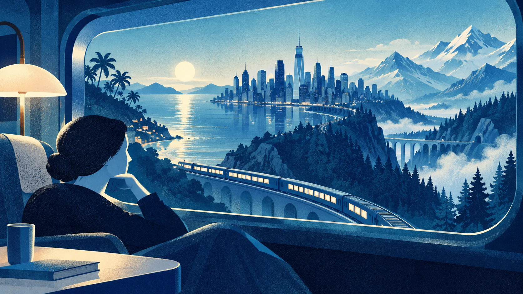 A traveler watches a continuous landscape of coast, city and mountains from a train.