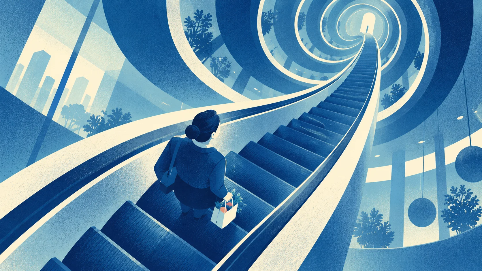 A shopper rides an endless spiral escalator toward a distant doorway.