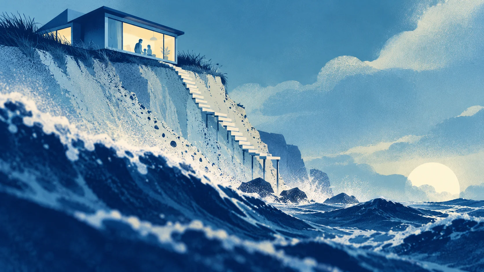 A warmly lit family home rests on a cliff eroding into the sea.