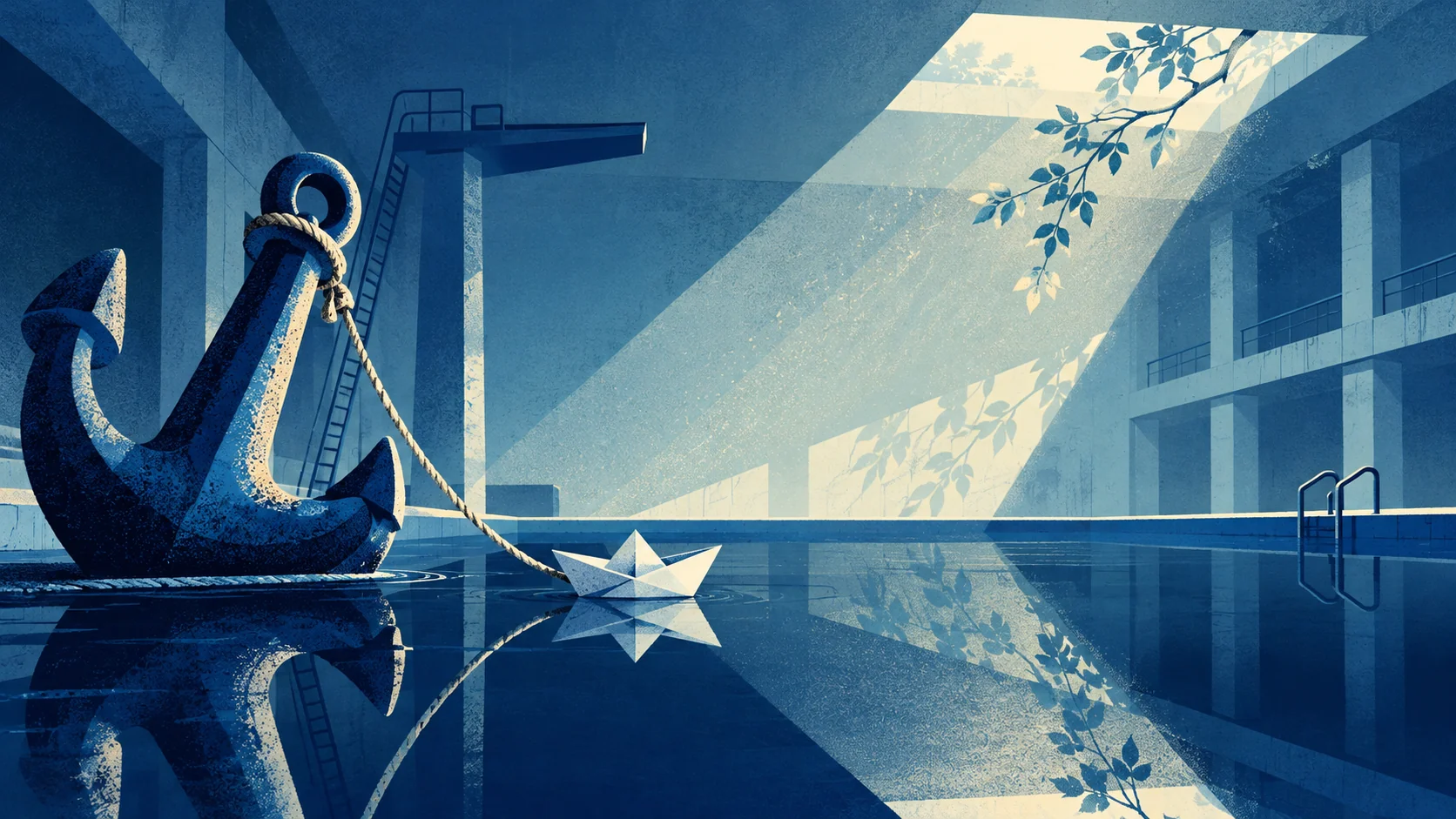 A small paper boat is tethered to an oversized anchor in a still indoor pool.