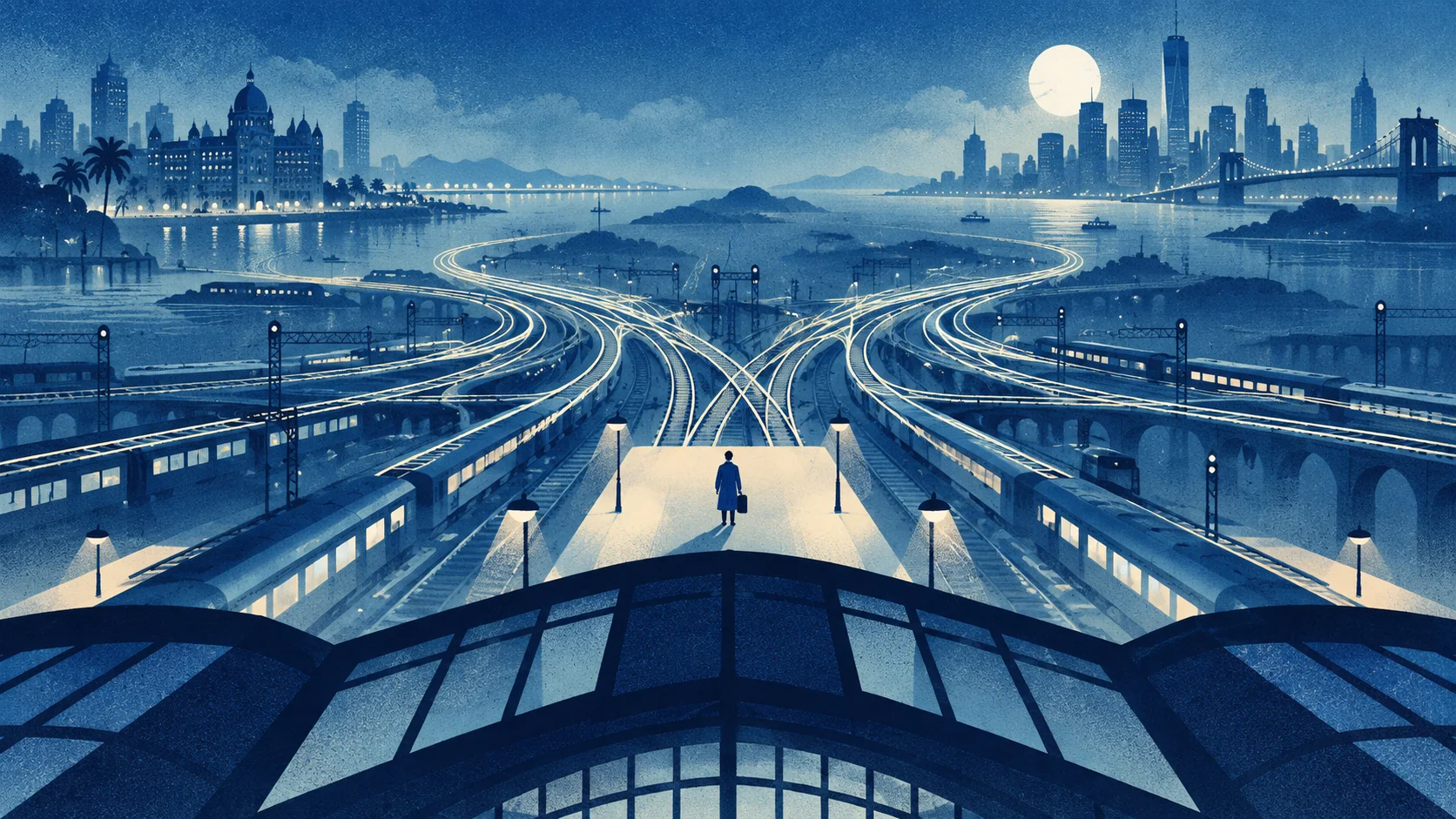 Luminous railway routes connect Mumbai and New York across the water.