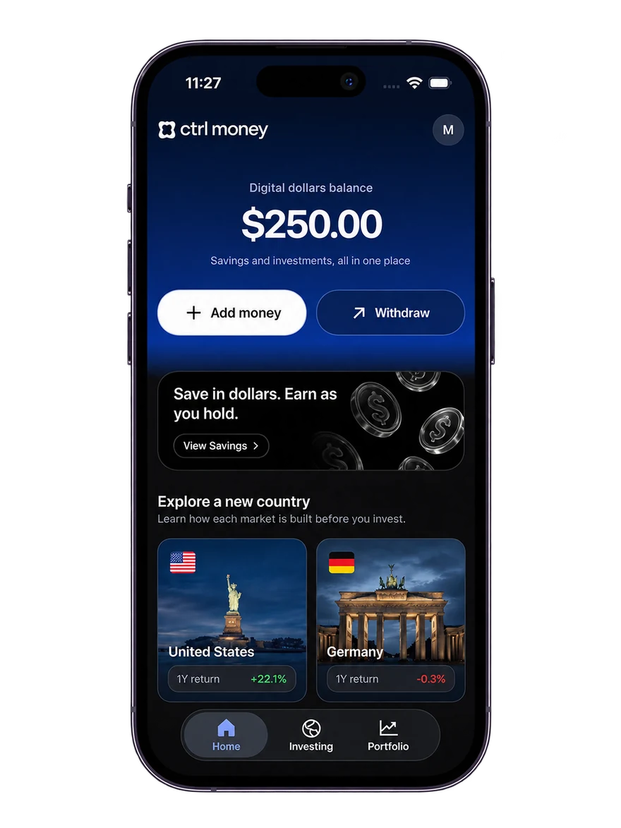 Ctrl Money app showing dollar savings and global investments
